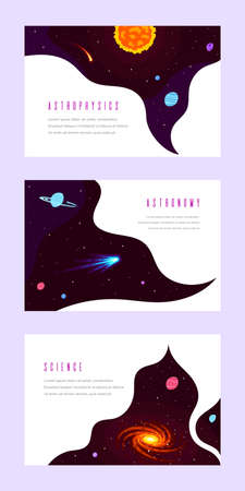 Set of Concept Banner Templates. Outer Space, Science, Astronomy and Astrophysich. Flat Style Vector Illustrationのイラスト素材