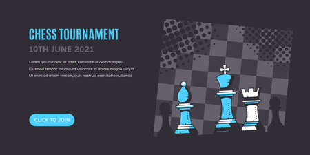 Chess Figures on Blue Black Background with Chessboard. Chess Tournament Banner Templateのイラスト素材