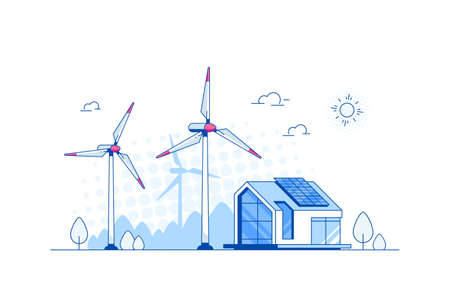Landscape with Modern House, Solar Panels and Wind Turbines. Eco House, Energy Effective House,...