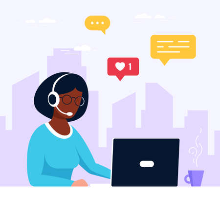 Black woman with with laptop and headphones with microphone. Tech support, assistance, call center and customer service concept. Flat style vector illustrationのイラスト素材