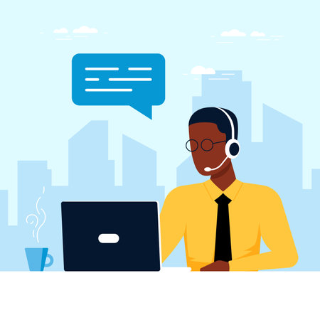 Black man with laptop and headphones with microphone. Tech support, assistance, call center and customer service concept. Flat style vector illustrationのイラスト素材