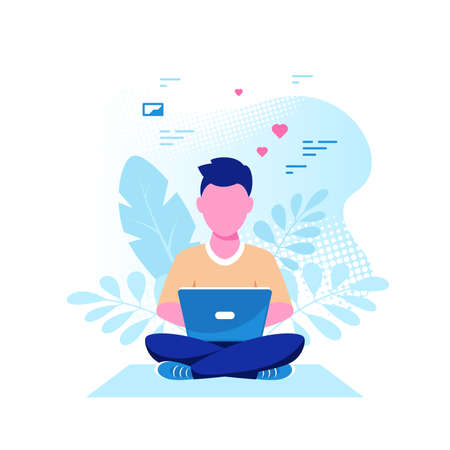 Caucasian man working on laptop, flat design vectorのイラスト素材