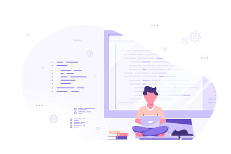 Programmer specialist sitting on big computer screen and workingのイラスト素材