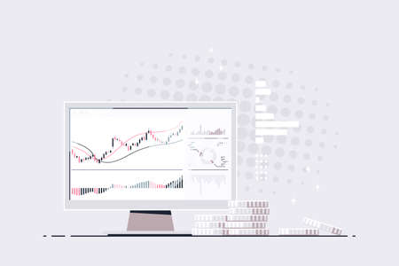 Computer Screen with Candlestick Chart and Golden Coinsのイラスト素材