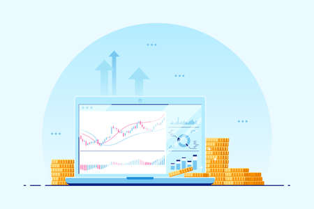 Computer Screen with Candlestick Chart and Golden Coinsのイラスト素材