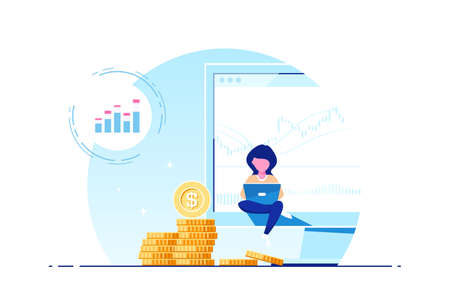 Young woman with laptop against computer screen and stacks of coinsのイラスト素材