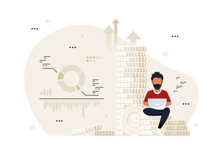 Young man with laptop sitting on stack of coins.のイラスト素材