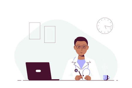 Man doctor sitting at the table in the office.のイラスト素材