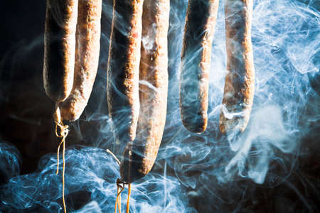 Smoked homemade sausage in forester's lodgeの写真素材