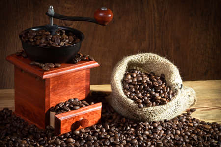 Coffee Grinder with coffee beans sackの写真素材
