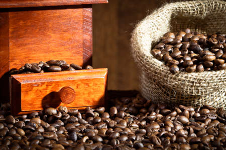 Coffee Grinder with coffee beans sackの写真素材