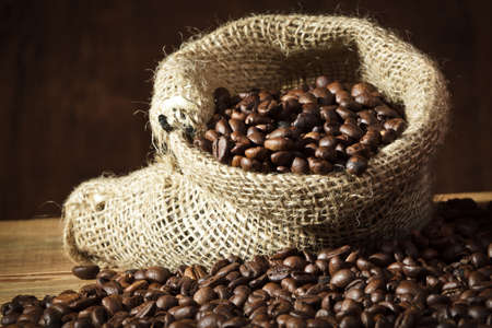Coffee seed on burlap sackの写真素材