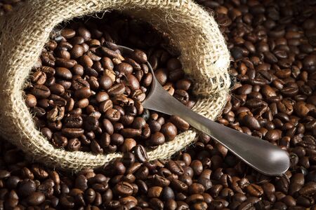Coffee seed on burlap sack with metal scoopの写真素材