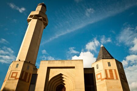Edinburgh Central Mosque on blue sky backgroundの写真素材