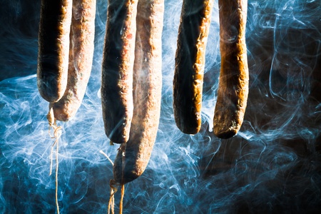 Smoked homemade sausage in forester's lodgeの写真素材