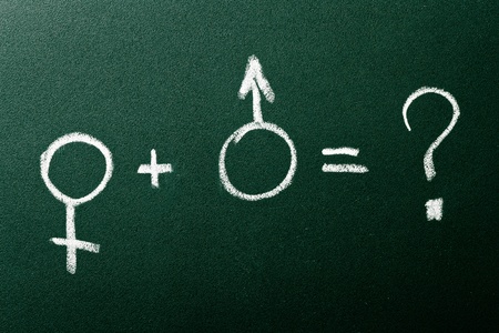 Question about male and female relation on green blackboardの写真素材