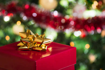 Open christmas gift on christmas tree background