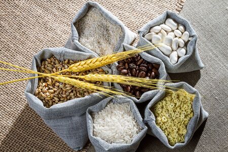 Closeup canvas bags with food ingredient