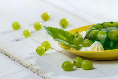Close-up of the green gooseberry jellyの写真素材