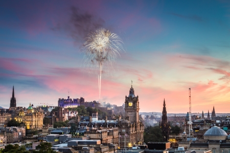 Fireworks over Edinburgh Castle during the Military Tattooの写真素材