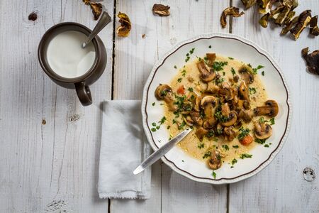 Mushroom soup with cream and dried mushroomsの写真素材