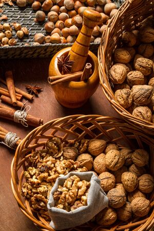 Brown ingredients on the old wooden tableの写真素材