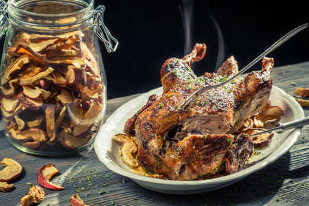Roasted hot duck filled with fruitの写真素材