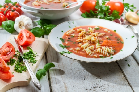 Tomato soup made of fresh vegetablesの写真素材