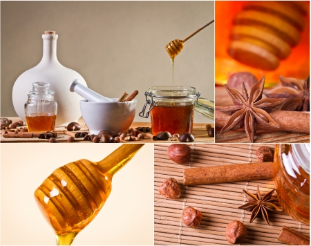 Collage of honey and nutsの写真素材