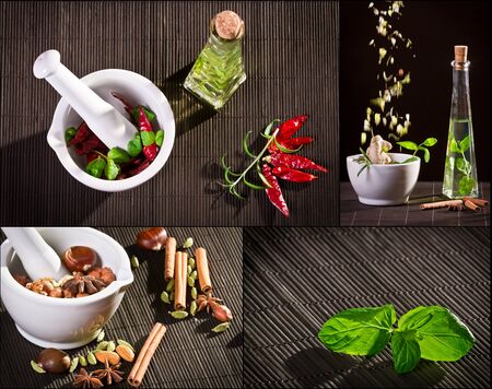 Collage of spices in mortarの写真素材