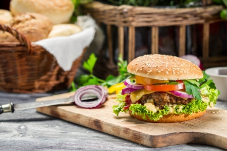 Closeup of burger made ââfrom beaf and fresh vegetablesの写真素材