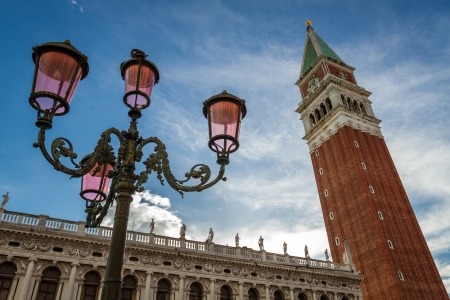 Bell tower and street lamp on St. Mark's Square, Veniceの写真素材