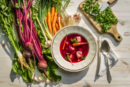 Closeup of beetroot soup with fresh vegetablesの写真素材