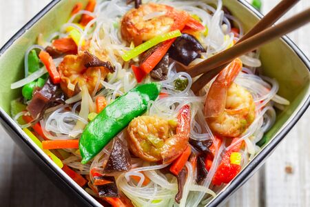 Closeup of chinese mix vegetables and rice noodlesの写真素材