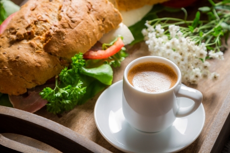 Breakfast with espresso and sandwichの写真素材
