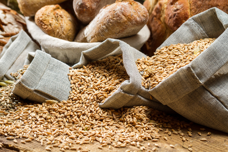 Closeup of small bags of cereal grainsの写真素材
