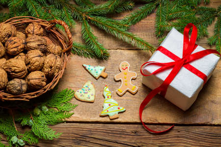 Gingerbread cookies and walnuts for Christmasの写真素材