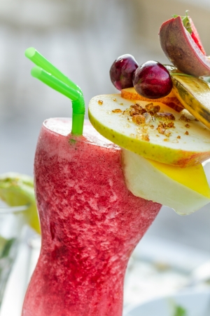 Closeup of drink with watermelon and fresh fruitsの写真素材