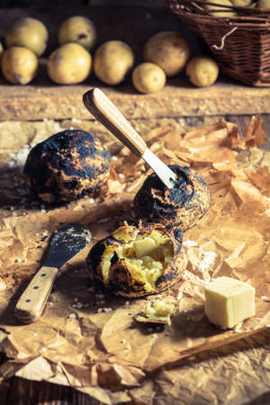 Closeup of jacket potatoes with butterの写真素材