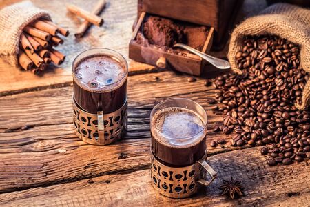 Smell of freshly brewed coffee with cinnamonの写真素材