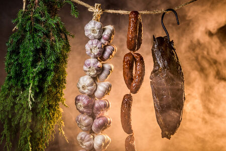 Smoked ham in a traditional rural wayの写真素材