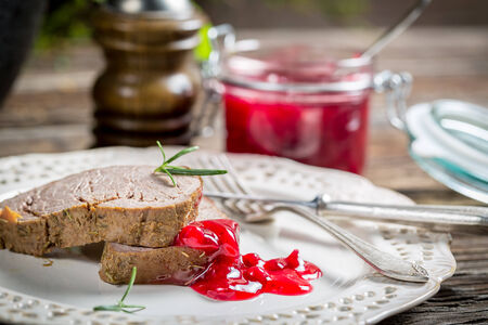 Venison with cranberry sauce on white plateの写真素材