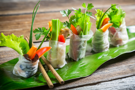 Fresh spring rolls wrapped in rice paperの写真素材