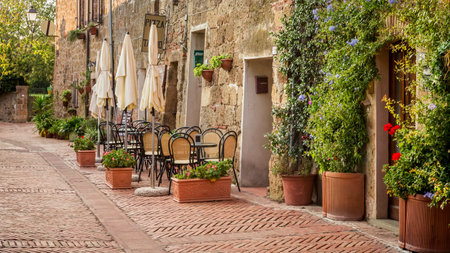 Beautiful street decorated with flowers, Italyのeditorial素材