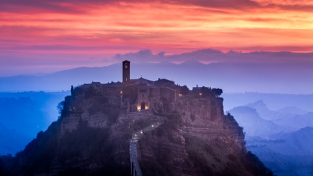 View of the old town of Bagnoregio at duskの写真素材