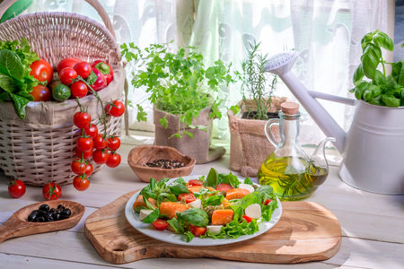 Ingredients for salad with salmon and vegetablesの写真素材