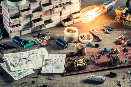 Vintage electronics parts on workshop in school lab