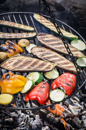 Grilling fresh vegetables with spices in garden