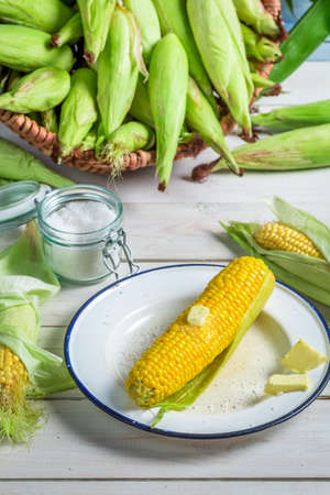 Fresh hot corn with butterの写真素材