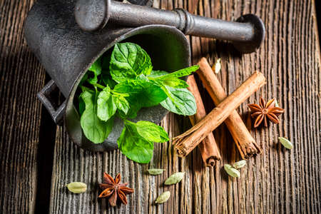 Sweet spices in mortarの写真素材